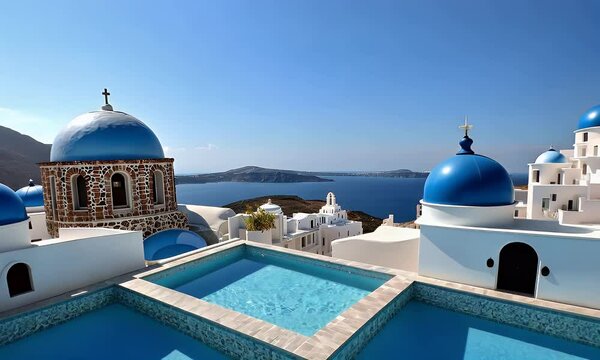 Breathtaking view of blue-domed churches, whitewashed architecture, and a luxurious infinity pool overlooking the blue sea.