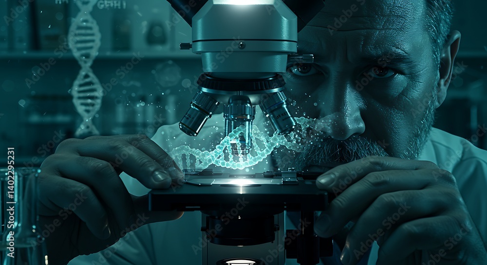 Poster scientist analyzing dna structure with microscope in laboratory environment