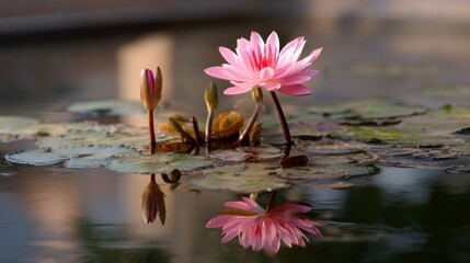 Pink Water Lily Blooming in Pond Reflecting in Water Surface