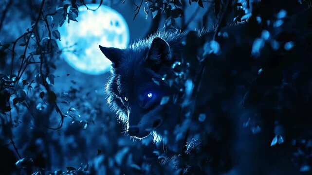 A hauntingly beautiful scene of a wolf with glowing eyes emerging from the shadows of a moonlit forest. The deep blue tones, illuminated foliage, and full moon in the background 