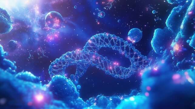 A futuristic science-themed background celebrating World Science Day, featuring a glowing DNA
