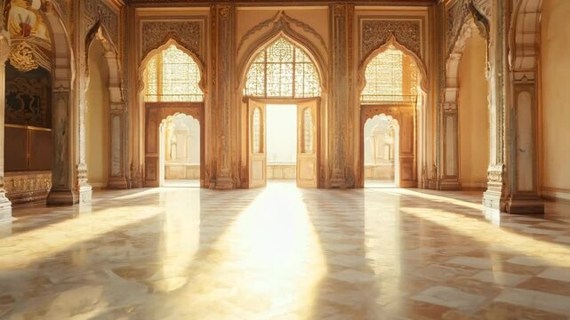 An opulent palace hallway bathed in golden sunlight, showcasing detailed carvings, arched doorways, and intricate architectural ornamentation. The rich textures and elegant patterns 