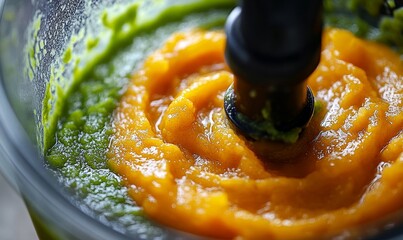 food preparation in the blender ,smooth and silky vegetables puree ,baby food, Generative AI