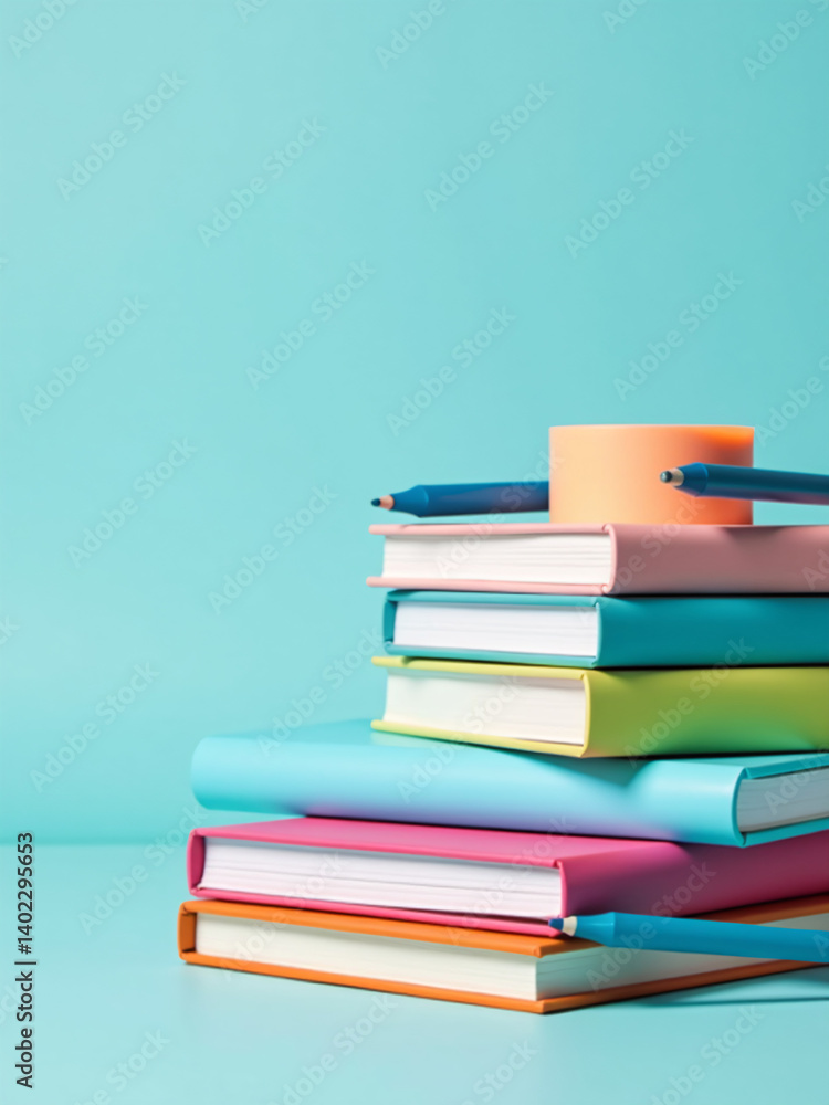 Poster a stack of colorful school supplies including notebooks pens adhesive tape and ruler on a soft paste