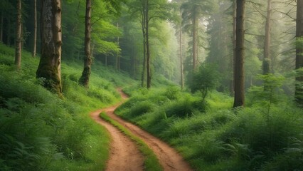 Obraz premium A lush summer forest transitioning into autumn, where vibrant green leaves meet the first warm hues of fall, AI-generated.