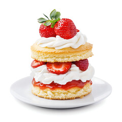 Delicious Strawberry Shortcake Stack Fluffy Biscuits, Fresh Berries, Whipped Cream and Jam on White Plate Isolated