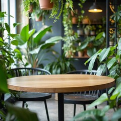 Obraz premium A round wooden table surrounded by the greenery of tropical leaves, bathed in soft sunlight and shadows, harmoniously fits into the atmosphere. This composition is perfect for a presentation.