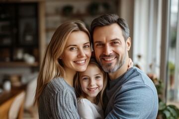 Excited European family portrait featuring mother, father and their daughter embracing, standing together in their cozy home interior, Generative AI