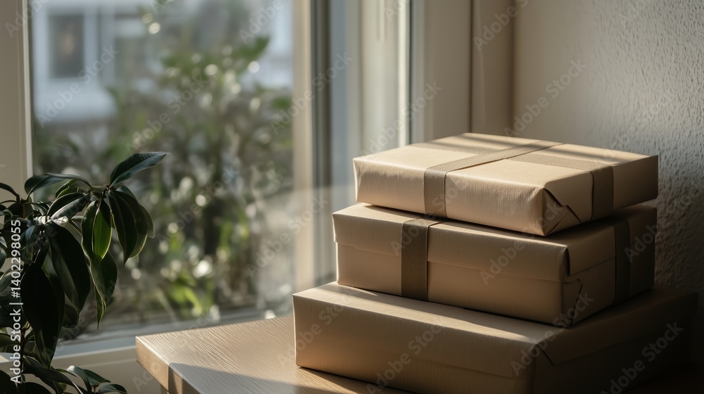 Poster stacked kraft paper packages resting by a window with soft sunlight illuminating the scene