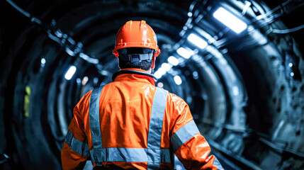 confined space specialist wearing orange safety helmet and reflective jacket stands dimly lit tunnel, showcasing importance