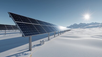 Solar panels capturing sunlight in snowy landscape under a clear blue sky.
