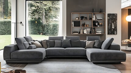 Modern gray sectional sofa in a stylish living room with large windows and greenery outside