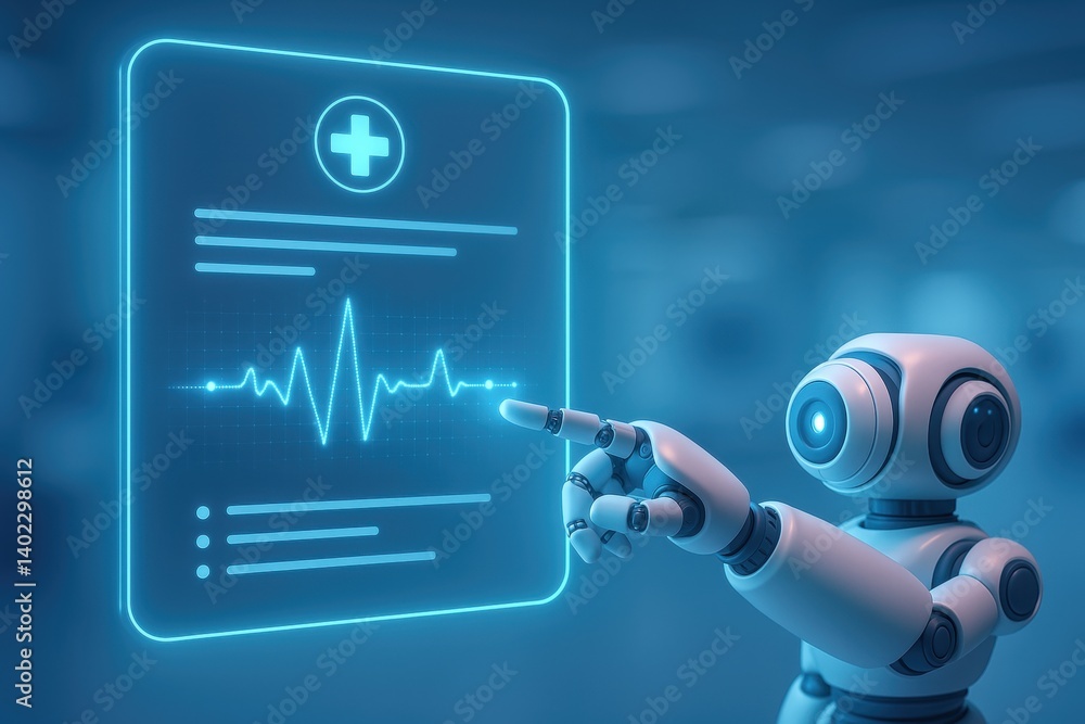 Poster ai-powered healthcare: a humanoid robot with advanced technology scans a digital patient chart with 