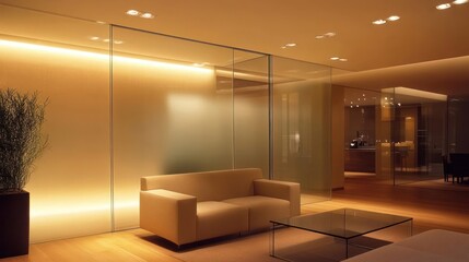 Modern interior design of a cozy lounge with glass walls, soft lighting, and elegant furnishings