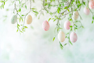 Blooming Willow Branches with Hanging Pastel Easter Eggs, Elegant Holiday Mockup Background with Copy Space, Generative AI