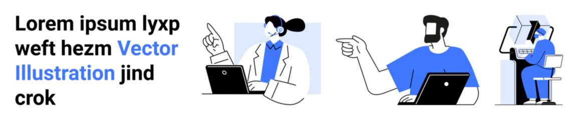 Professionals interacting, typing, and pointing while using laptops. Ideal for teamwork, communication, brainstorming, education, remote work, business collaboration flat landing page banner