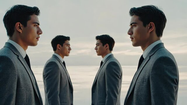 Multiple businessman in grey suits stand on a shore facing towards each other reflecting each others actions and their purpose.