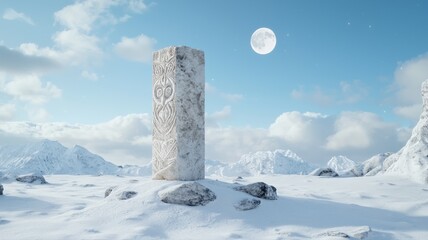 Stone pillar stands amidst snowy landscape with moon in clear sky.