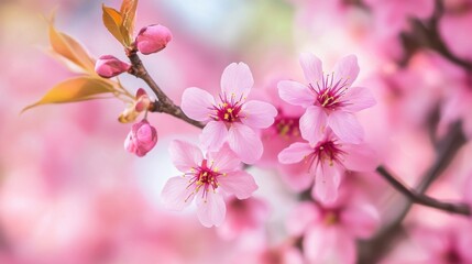 A close-up of pink cherry blossoms on a branch, with sunlight filtering through.
