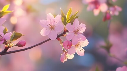 Obraz premium A close-up of pink cherry blossoms on a branch, with sunlight filtering through.