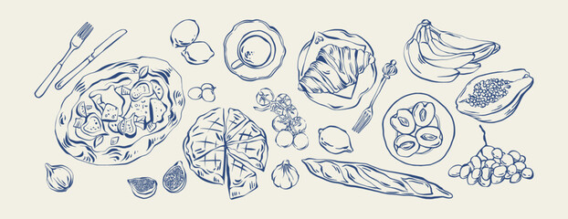 Mediterranean food and fruit hand drawn sketch vintage style set with pizza, croissant, baguette, fig, lemon, grape, utensils. For culinary design, branding, menu, packaging. Rustic vector ink drawing