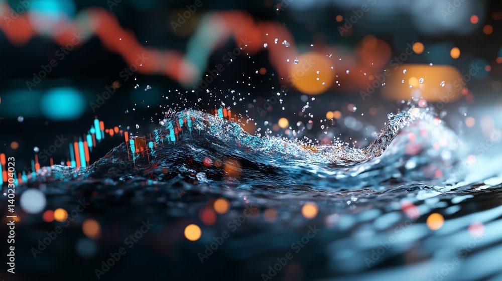 Poster water waves mix with financial data graphics creating a dynamic representation of market trends