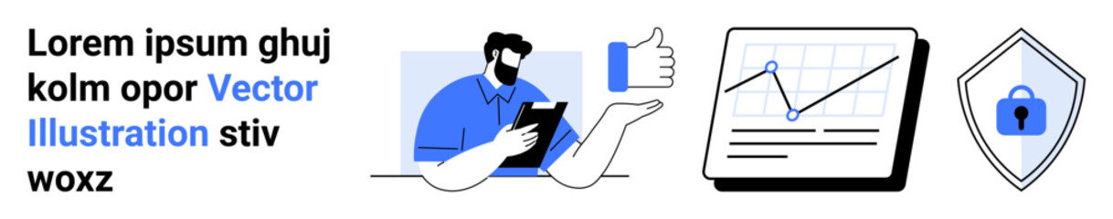 Man reviewing tablet, thumbs-up icon, analytics chart on screen, security shield. Ideal for business, data analysis, cybersecurity, feedback, research technology flat landing page banner