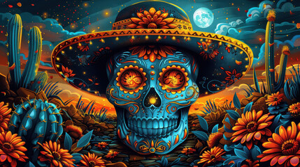 Desert Sugar Skull Fiesta: Sombrero, Moon, and Cacti