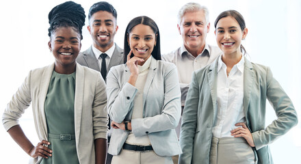 Team diversity, confident and happy in portrait in office, solidarity and support or teamwork....