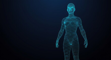 Abstract blue wireframe of a female human body standing in a dark space representing future technology and virtual reality