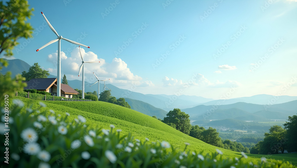 Poster curate a dynamic photo stock collection emphasizing carbon footprint reduction by showcasing renewab