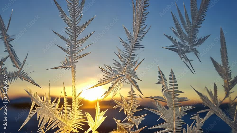 Poster intricate frost patterns resembling ferns and trees cover a window against a warm sunset, creating a