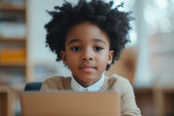 Focused primary school pupil african american schoolboy using laptop in classroom interior, studying at lesson, Generative AI