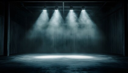 Empty Stage With Fog and Four Spotlights in Dark Interior