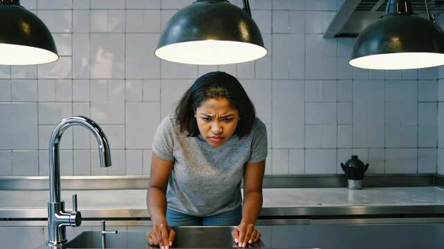 Worried woman inspecting a clogged kitchen sink with a modern faucet, modern tiling, and pendant lights overhead