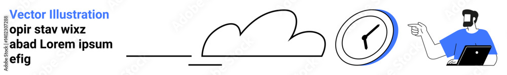Poster man with laptop points to a clock next to a cloud. emphasizes time, productivity, cloud tech. ideal 