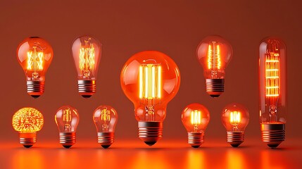 A variety orange modern LED light bulbs, focusing on energy-efficient lighting options