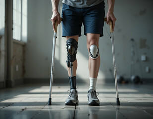 Man with Prosthetic Leg Using Crutches Stands in Room