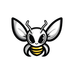 Cute cartoon bee mascot with big eyes and white wings