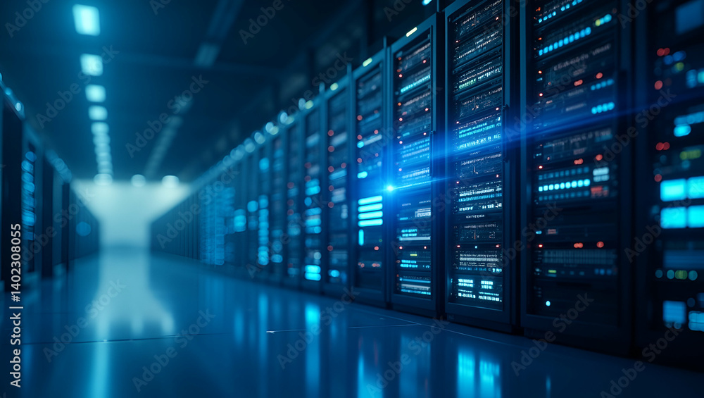Poster High Efficiency Cloud Server Infrastructure: Secure Hosting, Scalable Virtual Environments, Optimized Computing Power for Enterprise Digital Services - Photo Stock Concept with Empty Space