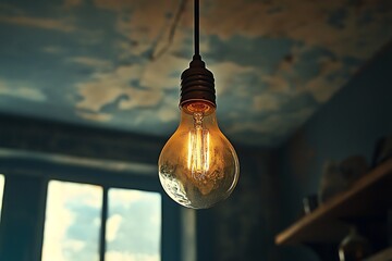 A vintage light bulb hanging from a ceiling