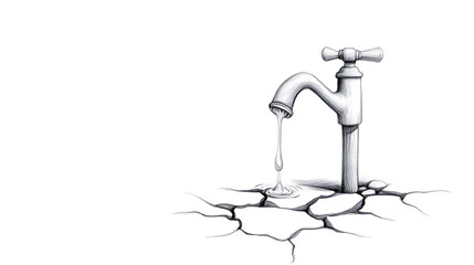 Leaking faucet dripping onto cracked earth in transparent background