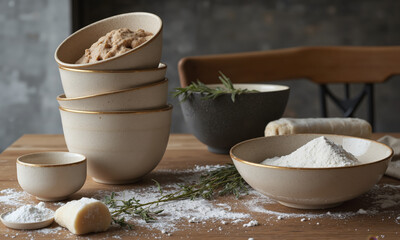 Fototapeta premium A modern set of stackable ceramic mixing bowls in various mocha mousse hues, featuring speckled textures and gold rims, arranged