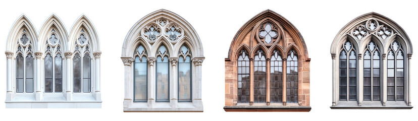 Set of gothic-style arched windows with intricate architectural details, historical building facade isolated on transparent background