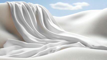 White fabric draped over a textured surface against a blue sky.