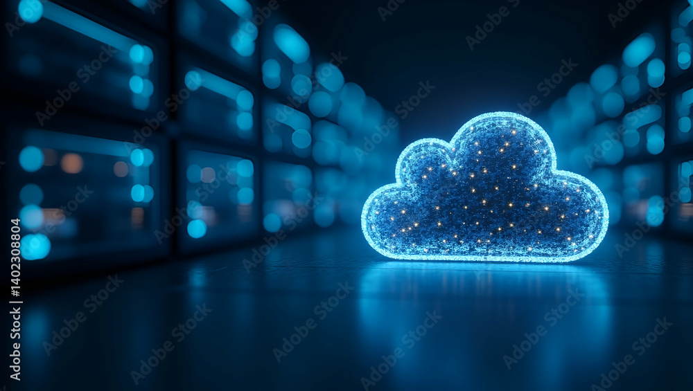 Poster Robust Cloud Server Solution: High Performance Computing, Secure Data Storage, Scalable Virtualization for Reliable Enterprise Digital Operations - Photo Stock Concept with Empty Space