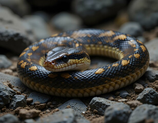 Fototapeta premium Coiled Reptile Resting on Rocky Ground with Scaly Pattern