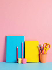 Brightly Colored School Supplies Like Notebooks, Pencils, And Scissors Are Displayed Against A Soft Light Pastel Painted Background In This Scene.