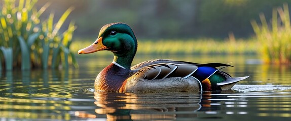 Male mallard duck swimming gracefully in a calm pond during daylight hours