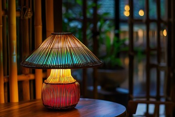 Bamboo lampshade lit in colorful lighting, enhancing a cozy ambiance